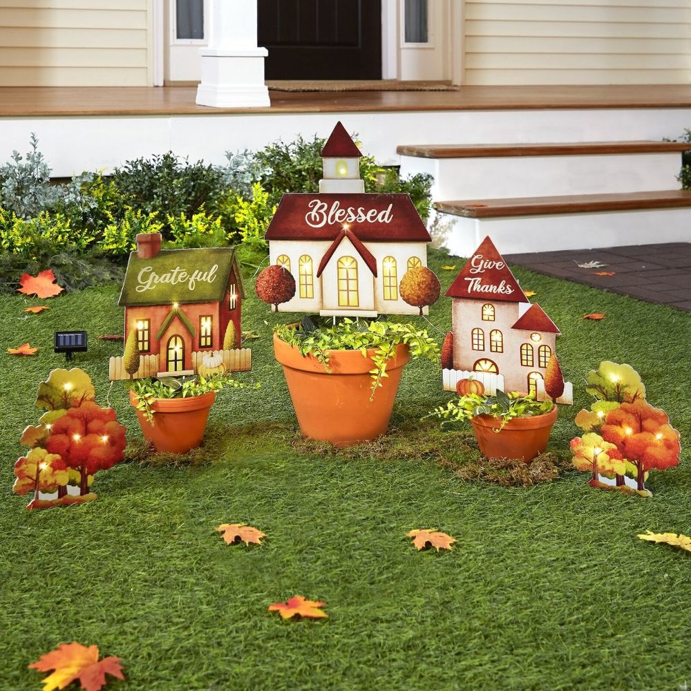 Lighted Village Stakes - Farmhouse Holiday Decor - Set of 5 - Harvest